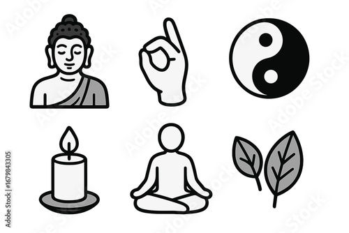 Symbols of peace and tranquility featuring Buddha, meditation pose, hand gesture, yin-yang, candle, and leaves in minimalist vector cartoon illustration for mindfulness and spirituality