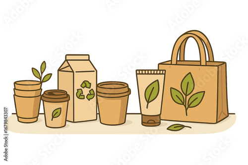 Sustainable Eco-Friendly Packaging Materials and Natural Products Set, Recyclable Cups, Carton, Tube, and Paper Bag Illustration, Green Leaf Design, Clean Environmental Concept Vector