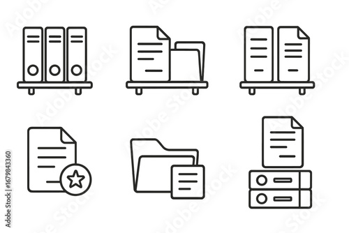 Document and file management line icon set. Office paperwork, archive binders on a shelf, data storage folder symbols. Vector outline illustration for business workflow concepts.