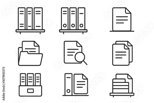 Office documents and file archive thin line icon set. Vector symbols of binders on shelf, paperwork stack, and folders. For data storage, bureaucracy, business infographics.