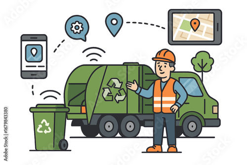 Technology Enhancing Waste Management Efficiency with Smart Tracking, GPS Service Coordination, and Eco-Friendly Recycling Truck and Worker Vector Illustration