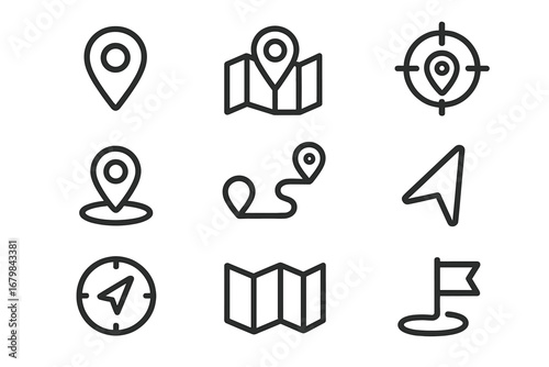 Location and navigation outline icon set. GPS, travel, and destination concepts. Map, pin, marker, route, compass, and target symbols for direction finding. Vector line icons.
