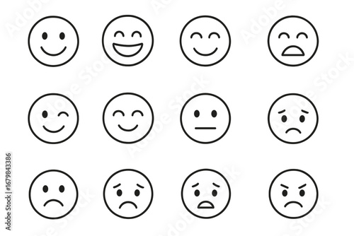 Smile Pack of Thin Line Icons, Editable Stroke Vector Set with Transparent Background, Cartoon Style Emoticons for Websites, Books, Cards, Apps, Ordered Collection of Expression Symbols