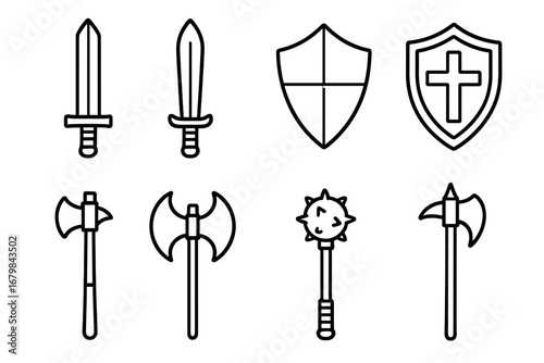 Medieval weapon line icon set. Collection of fantasy RPG game assets. Knight, viking, barbarian arms. Sword, axe, shield, mace. Outline pictogram for battle, history.