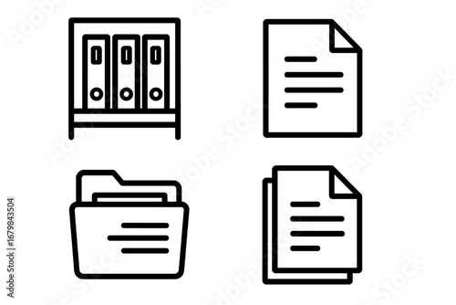 Office document and file storage line icon set. Archive binders on a shelf, data folder, and paper sheets. Minimalist vector pictogram collection with editable stroke.