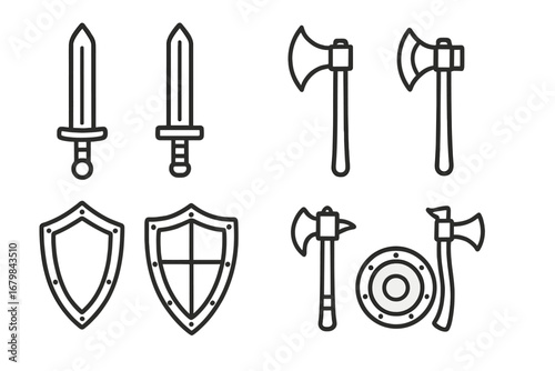 Medieval weapon line icon set. Collection of swords, axes, and shields for battle. Knight armoury and fantasy RPG game assets. Simple outline vector illustration isolated.
