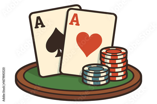 Two Aces Poker Hand with Stacked Chips, Winning Card Game Vector Illustration, Cozy Casino Night, Playing Cards and Gambling Concept, Transparent Background