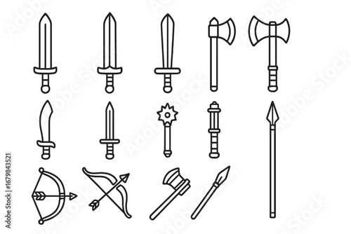 Medieval weapons line icon set. Fantasy RPG game assets. Sword, axe, bow, arrow, spear, and mace outline collection. Vector cartoon illustration for knight or battle theme.
