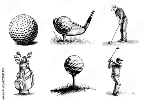 Various golf illustrations in a vintage woodcut style, black and white, depicting players and equipment for sports themes