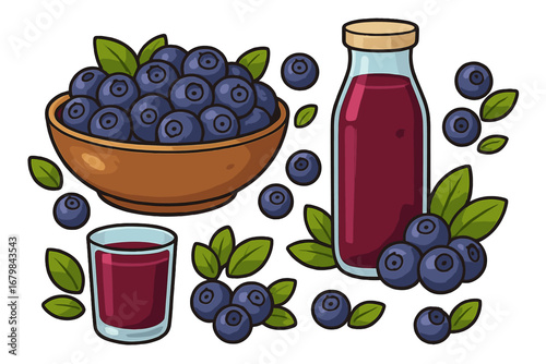 Blueberry fruit and juice vector set. Fresh organic berries in a bowl, glass, and bottle with leaves. Healthy food and drink cartoon illustration collection isolated concept.