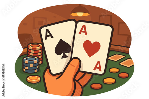 Winning Poker Hand with Two Aces, Card Game Victory Concept, Cozy Casino Night, Cartoon Vector Illustration, Playing Cards and Poker Chips on Green Felt Table