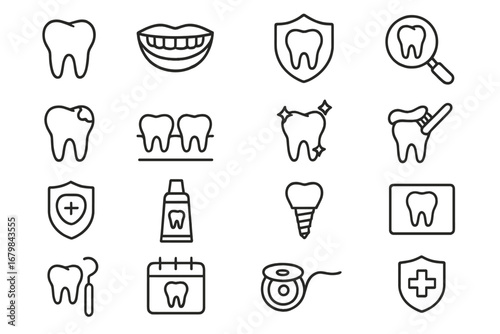 Teeth and Stomatology Line Icons Set for Websites, Books, Cards, and Apps – Editable Stroke Vector Cartoon Illustrations for Dental Health, Oral Care, and Dentistry Concepts