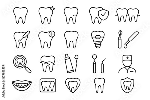 Teeth and Stomatology Thin Line Icons Set, Editable Stroke Vector Illustration for Dental Care, Oral Health, Dentistry Apps, Websites, Medical Books, Cards, and Health Services