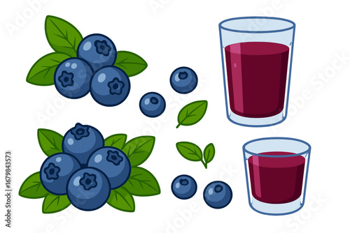 Blueberry vector set. Cartoon berries and fresh juice in glass. Healthy organic fruit with leaves. Summer antioxidant food collection. Natural beverage drink illustration element.