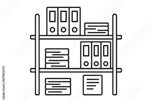 Office shelf with ring binders and document stacks. Archive, file storage, and paperwork organization concept. Bureaucracy, data management vector line icon illustration.