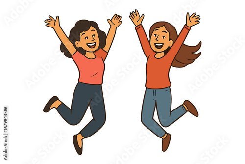 Two women joyfully jumping with arms raised in celebration, expressing happiness, friendship, and excitement in a vibrant vector cartoon illustration with transparent background