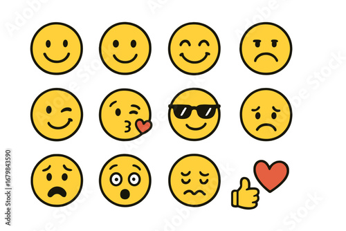 Hand drawn emoji icon set. Vector cartoon illustration of emoticons and smiley faces. Various emotions and expressions for social media design, feedback, reactions and chat.