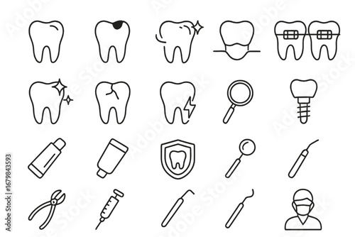Thin line dental and stomatology icon set, editable stroke vector, perfect for websites, books, cards, apps, medicine, oral health, teeth care, dentistry illustration