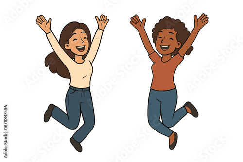 Two joyful women jumping with arms raised in celebration, happy friends expressing excitement, cheerful girls in casual clothing, vector cartoon illustration with transparent background, set of 1