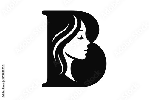 Letter B logo with beautiful woman face silhouette. Beauty salon, spa, cosmetics, or fashion brand icon. Elegant glamour girl with long hair. Monogram vector for skincare.