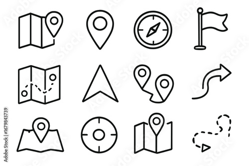 Navigation and location outline icon set. Vector map and direction symbol collection. GPS, route, pin, compass, destination signs for travel and cartography concepts.