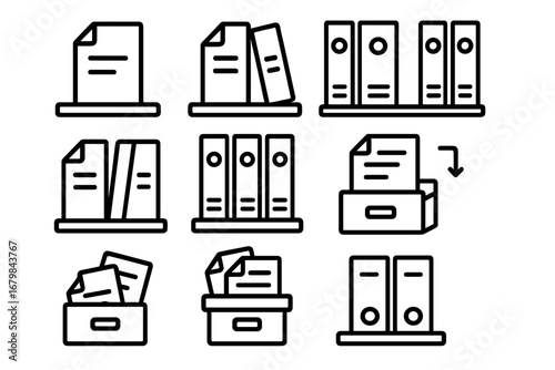 Office paperwork and document management icon set. Archive binder, folder, and file storage icons. Bureaucracy, data organization, and business records vector symbol collection.