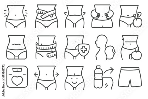 Waist and Body Health Thin Line Icon Bundle, Editable Stroke Vector Set for Web, Books, Cards, Apps, Fitness, Weight Loss, Body Care, Measurement, Hydration, Slimming