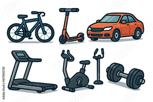 Various modes of transportation and exercise equipment vector illustration, modern cartoon style, bike, scooter, car, treadmill, exercise bike, dumbbell, fitness and lifestyle concept