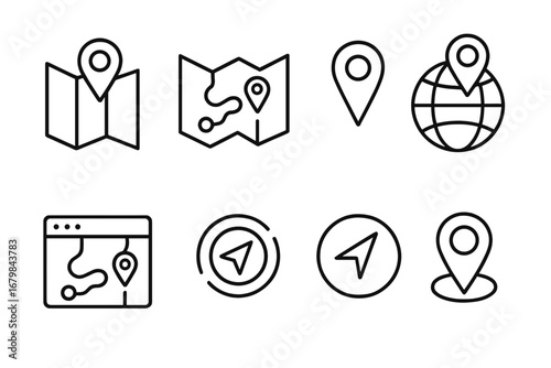 Navigation and location outline icon set. GPS symbols, map pin, route, and destination markers. Linear vector icons for UI, UX, web, mobile app, and travel concepts.