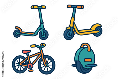 Various modes of urban electric transportation including scooters, bikes, and electric unicycles in colorful cartoon style, vector illustration for city mobility and eco-friendly transport