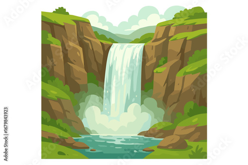 Waterfall rushing between cliffs with mist rising in a natural vibrant landscape during daylight, cartoon vector illustration with transparent background, scenic nature flow, river cascade art
