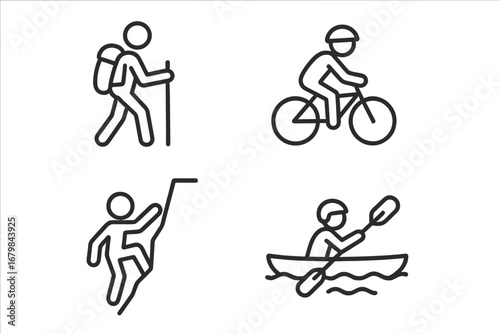 Outdoor activities line icon set. Hiking, biking, rock climbing, and kayaking symbols. Active lifestyle, adventure sports, and recreation concepts. Vector pictogram collection.