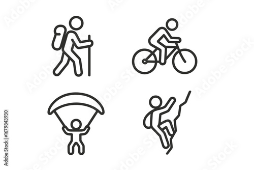 Outdoor activities and extreme sports line icon set. Hiking, biking, paragliding and rock climbing linear icons. Vector illustration collection for web and mobile apps.