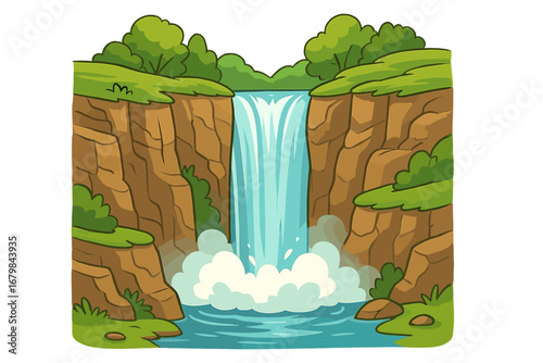 Waterfall rushing between rocky cliffs with mist rising, lush green trees and plants, natural landscape in daylight, vector cartoon illustration, transparent background, nature scenery