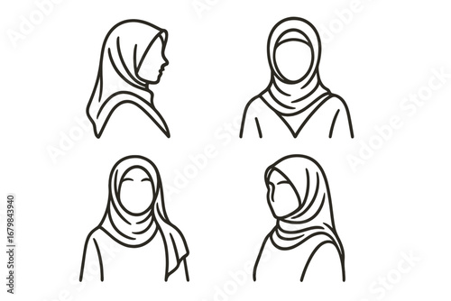 Muslimah hijab logo collection. Line art fashion icons set. Abstract vector illustration of modern arab woman head silhouette. Minimalist islamic girl portrait for business.