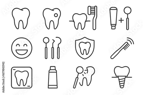 Teeth and Dentistry Icon Set, Thin Stroke, Editable Vector Cartoon Illustrations for Websites, Books, Cards, and Apps with Transparent Background, Oral Care and Dental Health Symbols