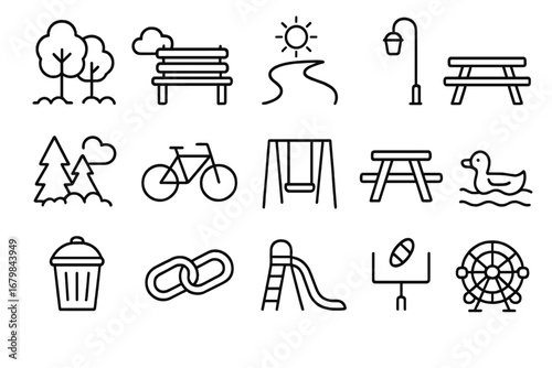 Park and recreation line icon set. Nature, outdoor activity, and urban park amenities symbols. Vector pictograms for playground, leisure, and city life. Simple outline graphics.