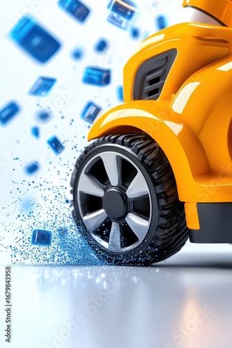 Fast Yellow Vehicle with Blue Digital Cubes Description Close up of a yellow vehicle with gray wheels, moving fast
