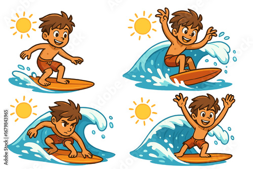 Young surfer boy performing various dynamic surfing maneuvers on ocean waves under bright sunny sky, beach lifestyle, summer water sports vector cartoon illustration set