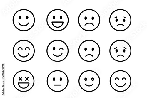Smile face icon set. Simple linear emoticon collection. Vector outline cartoon illustration of emotions. Happy, sad, neutral expressions. Editable stroke for web, apps.
