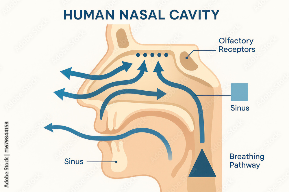 Obraz premium Human Nasal Cavity Anatomy Illustration, Sinus, Breathing Pathway, Olfactory Receptors, Medical Diagram [Illustration]