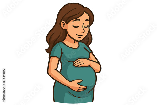 Pregnant woman holding her belly. Vector cartoon illustration of a happy future mother. Maternity and motherhood concept. Serene character expecting a baby with love.
