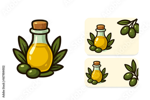 Organic olive oil logo and business card template. Vector cartoon illustration for brand identity. Natural food product, mediterranean diet, cooking oil, farm fresh concept.