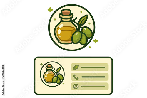 Olive oil logo and business card design set. Vector branding identity for organic food product. Cartoon olive branch illustration for gourmet, healthy, mediterranean farm shop.