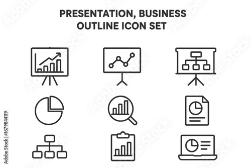 Business presentation outline icon set. Data analytics and statistics thin line icons. Chart, graph, diagram for marketing report and financial analysis. Corporate strategy vector.