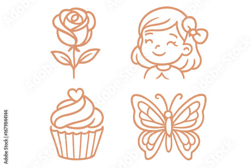 Rose gold line art icon set with girl, butterfly, flower, and cupcake. Cute feminine vector illustration collection for logo design, beauty branding, sticker, or nursery decor.
