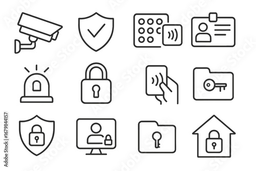 Security and access control line icon set. Surveillance camera, shield, id card, and lock symbols. Home protection, data safety, and authentication outline vector pictograms.