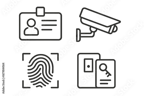 Security line icon set with identification badge, cctv camera, fingerprint scanner, and electronic door access. Vector icons for safety, surveillance, and identity verification.