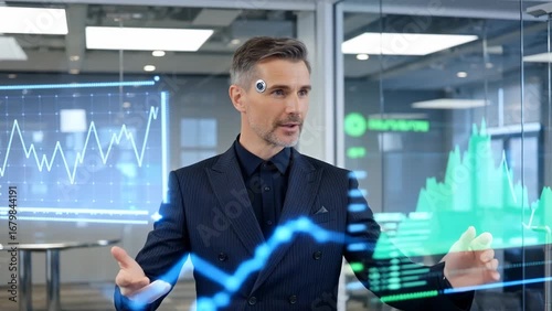 Wallpaper Mural Caucasian Mature Male Analyzing Data with Virtual Interface in Office Setting Torontodigital.ca