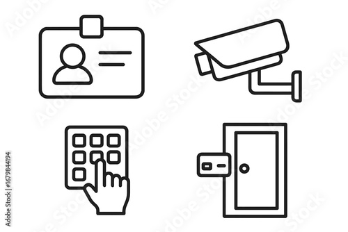 Security and access control line icon set. Concepts of identification, surveillance, and safety systems. Vector icons of ID badge, CCTV camera, pin code keypad, and door entry.